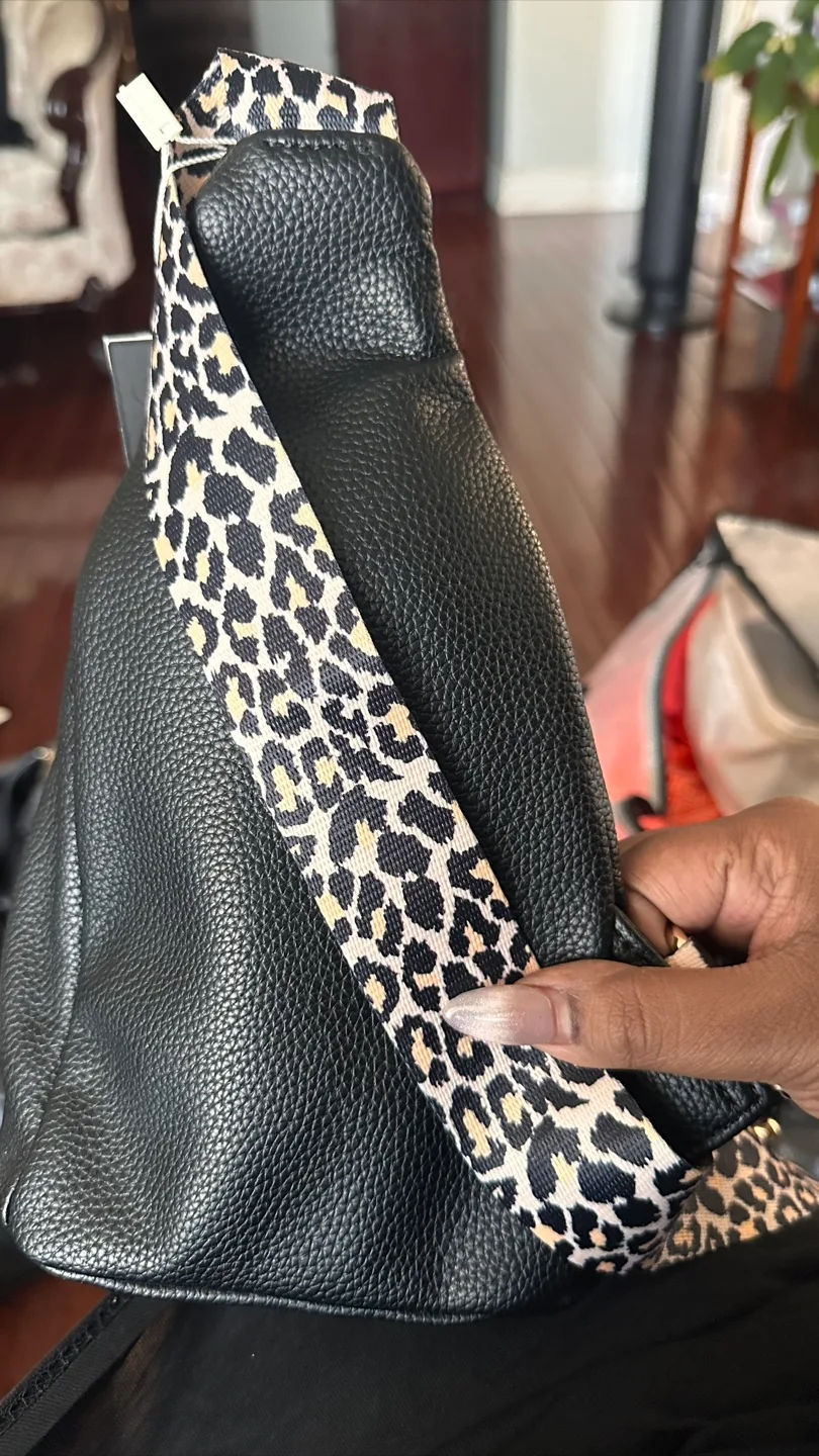 Black Leather Sling Bag w/ Leopard Print Strap image indicator(2)