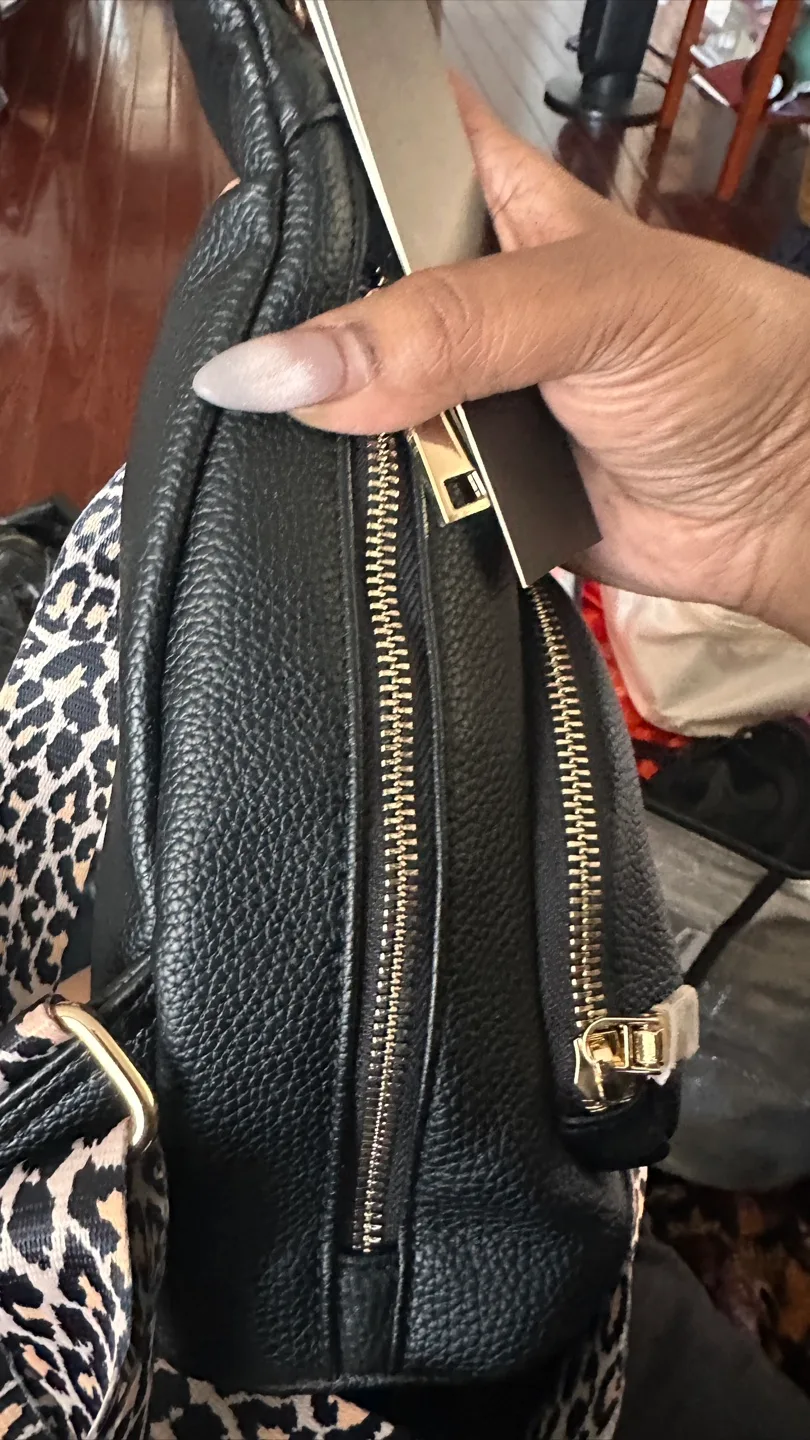 Black Leather Sling Bag w/ Leopard Print Strap image indicator(3)