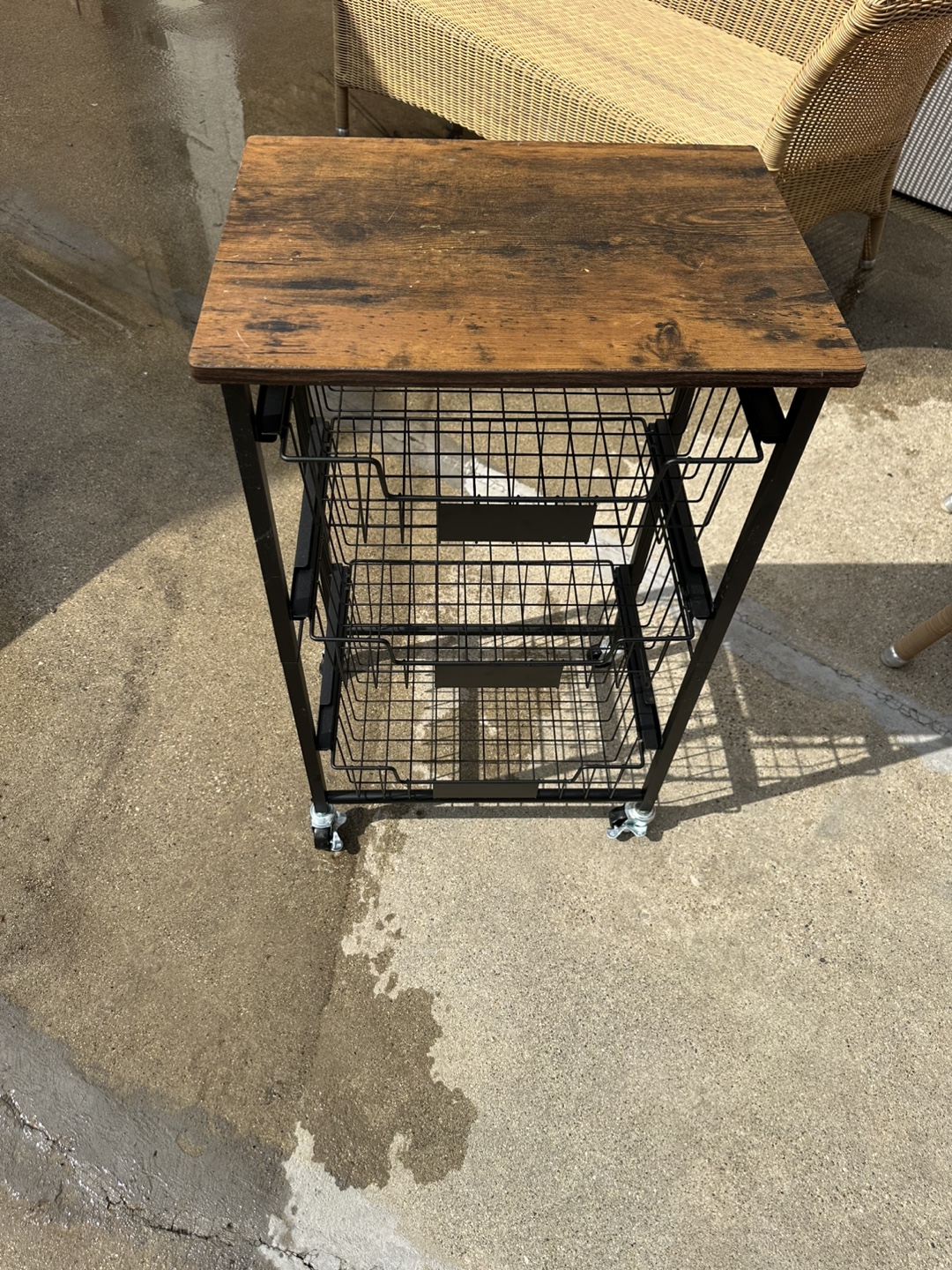Rolling Cart with Wooden Top & Metal Baskets