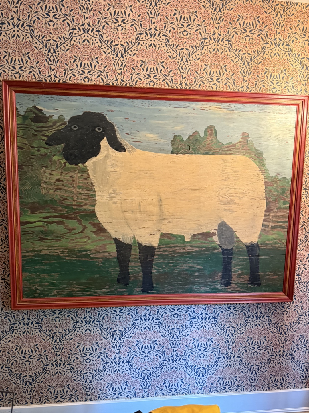 Vintage Sheep Painting in Red Frame