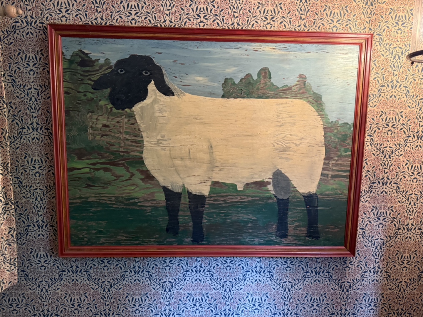 Vintage Sheep Painting in Red Frame - photo 2