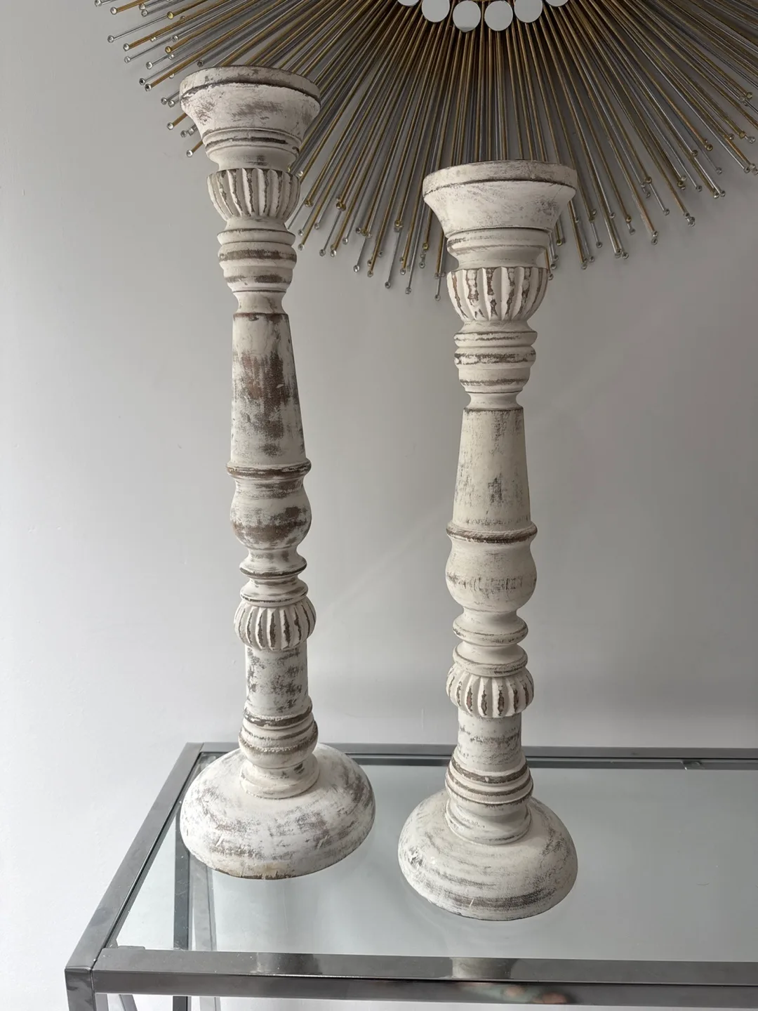 Distressed White Wooden Candle Holders - Pair thumbnail