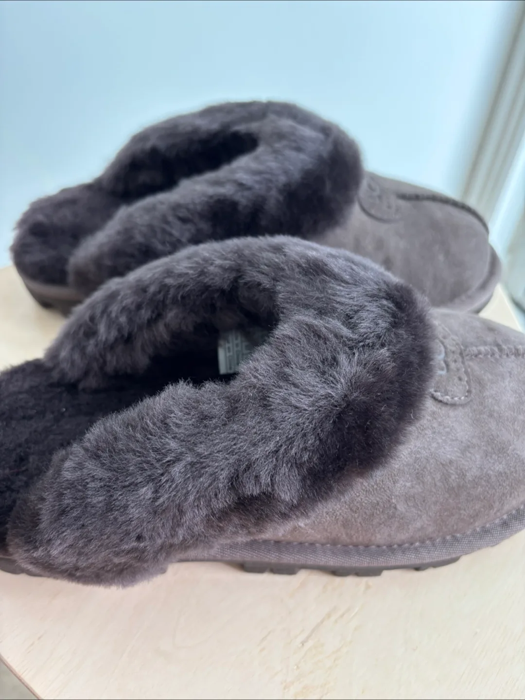 NEW UGG Coquette Chocolate Suede Slippers - Size 6 image indicator(6)