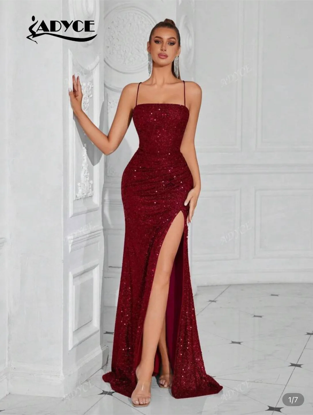 ADYCE Burgundy Sequin Slit Maxi Dress