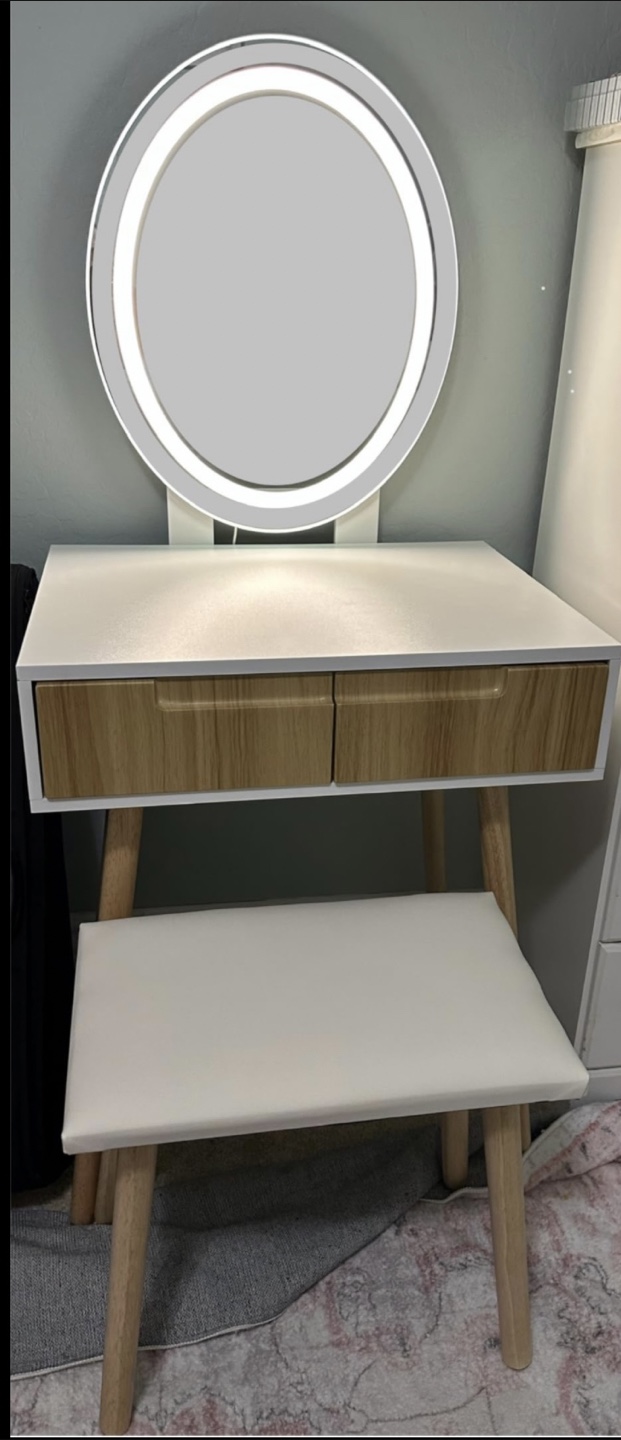 Pamapic White Vanity Table with Lighted Mirror & Stool
