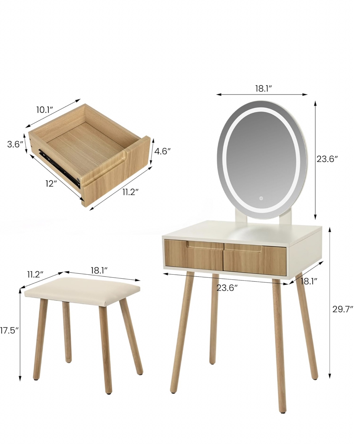 Pamapic White Vanity Table with Lighted Mirror & Stool - photo 2