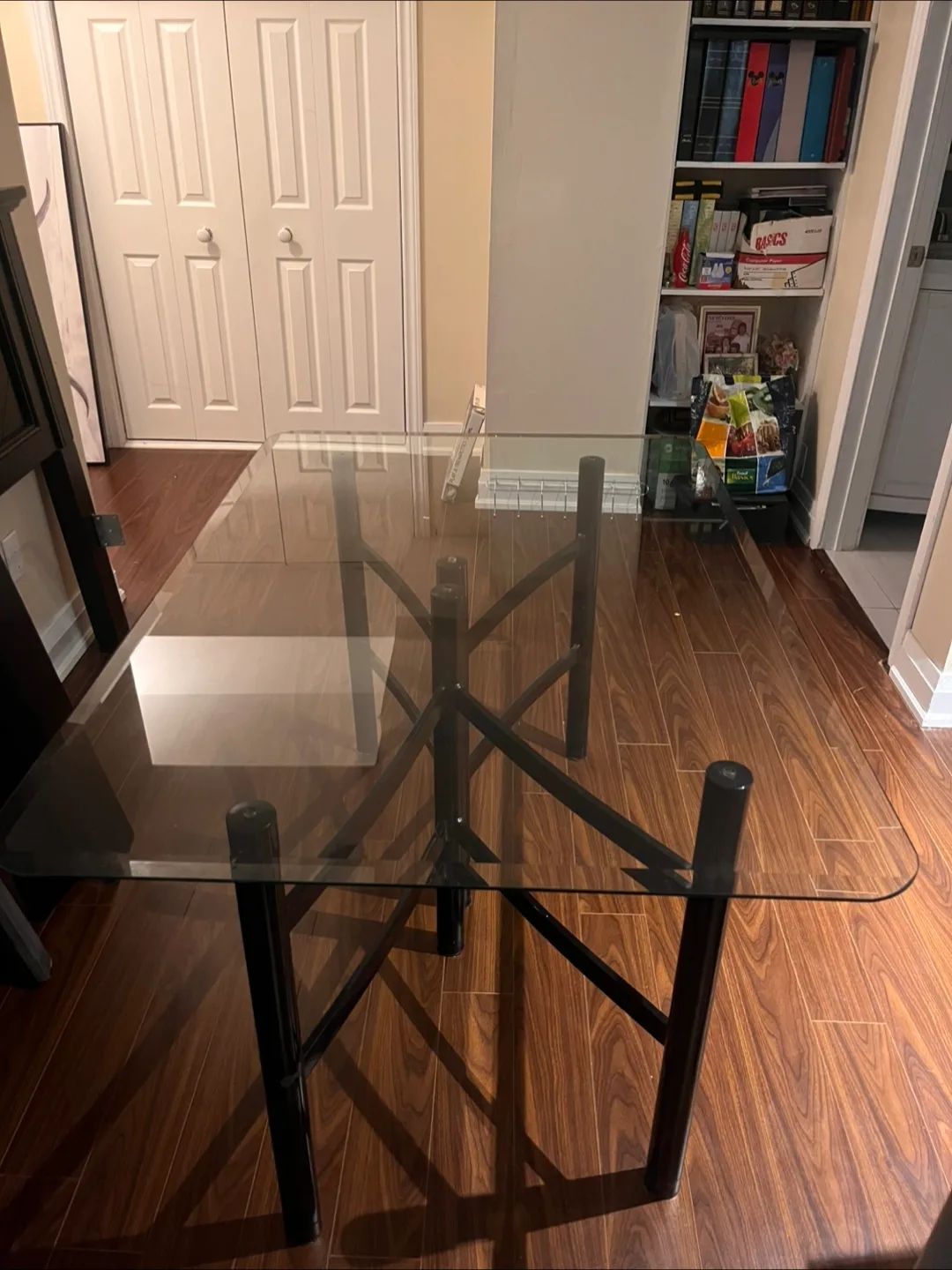 Glass Top Table with Black Metal Base