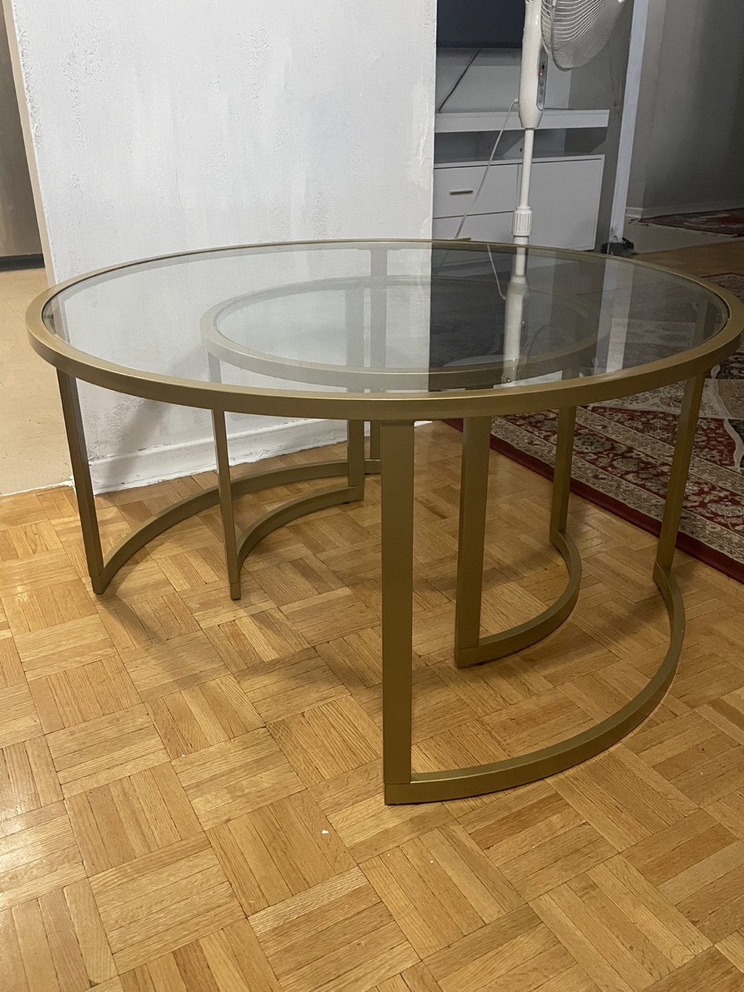 Brand New 2 piece Gold Round Glass Coffee Table - photo 3