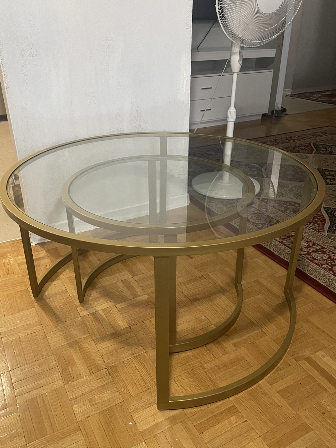 Brand New 2 piece Gold Round Glass Coffee Table