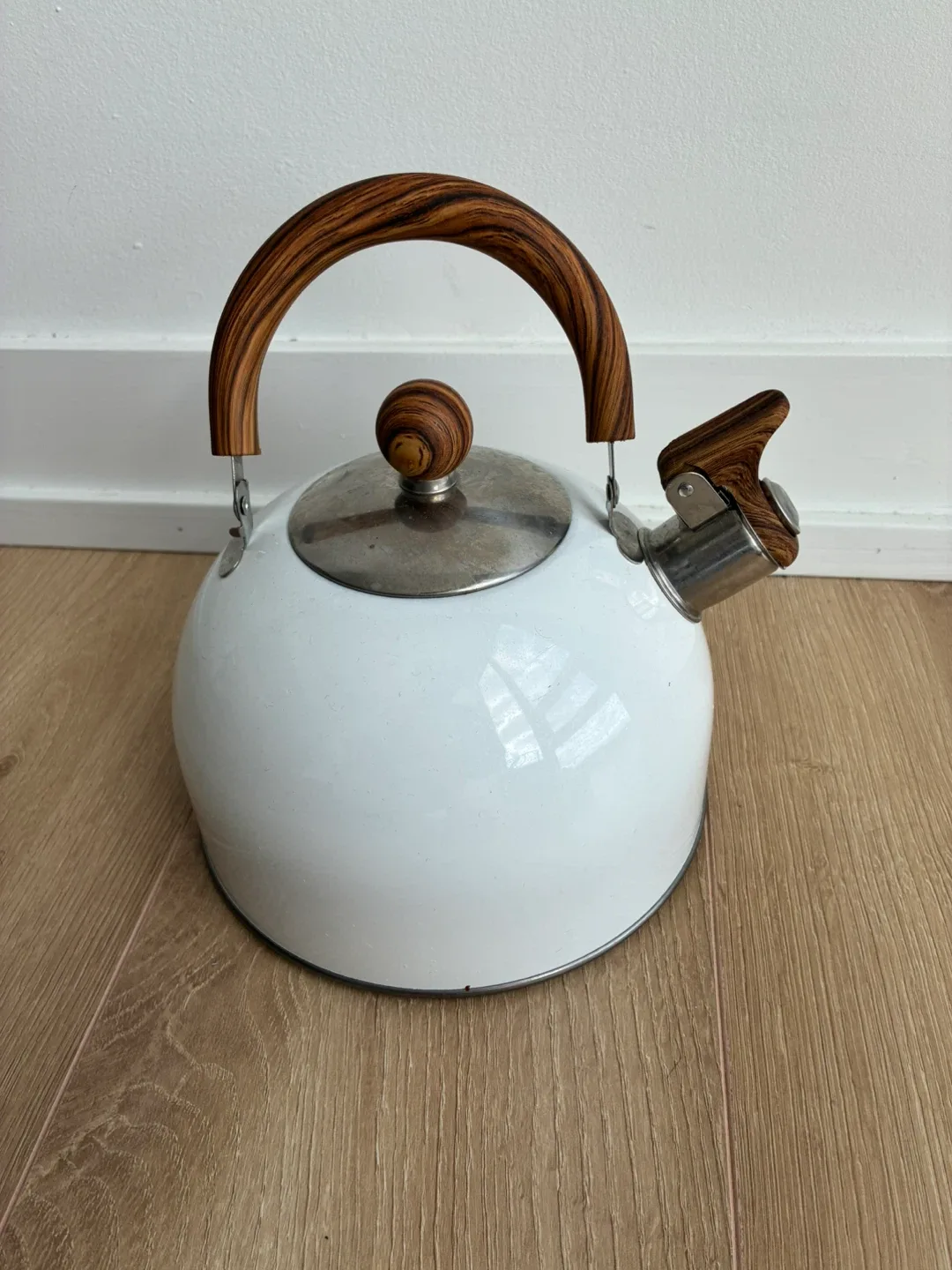 White Kettle with Wood Handle thumbnail