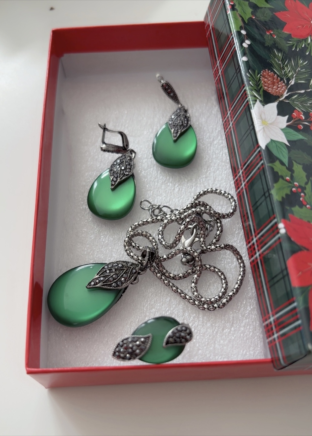 Green Stone Jewellery Set (Necklace, Earrings, Ring) - photo 3