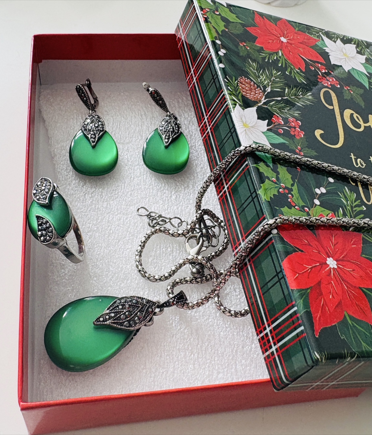 Green Stone Jewellery Set (Necklace, Earrings, Ring)