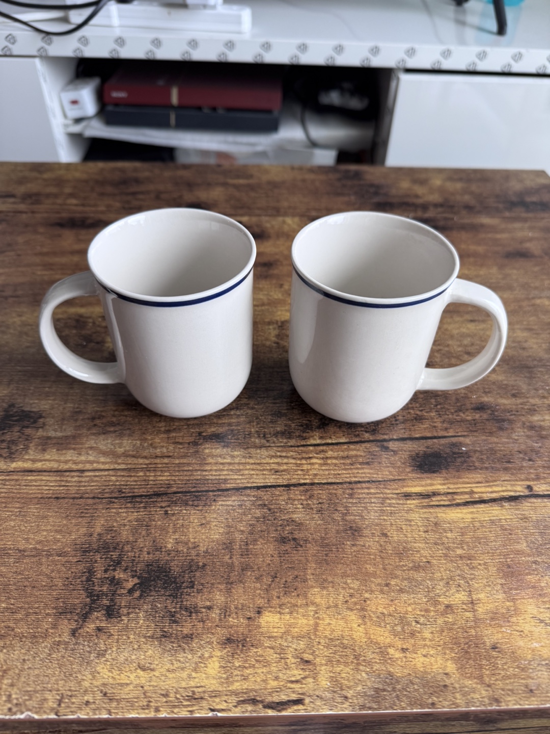 Set of 2 White Mugs with Blue Trim
