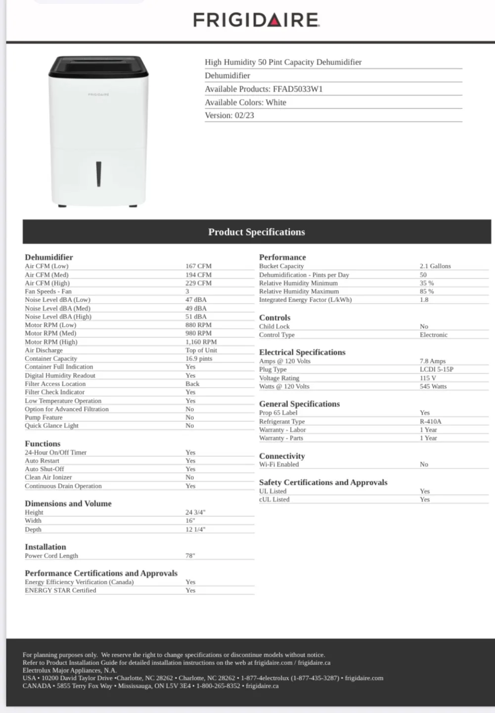 Dehumidifier Frigidaire FFAD5033W10, 50 pint image indicator(10)