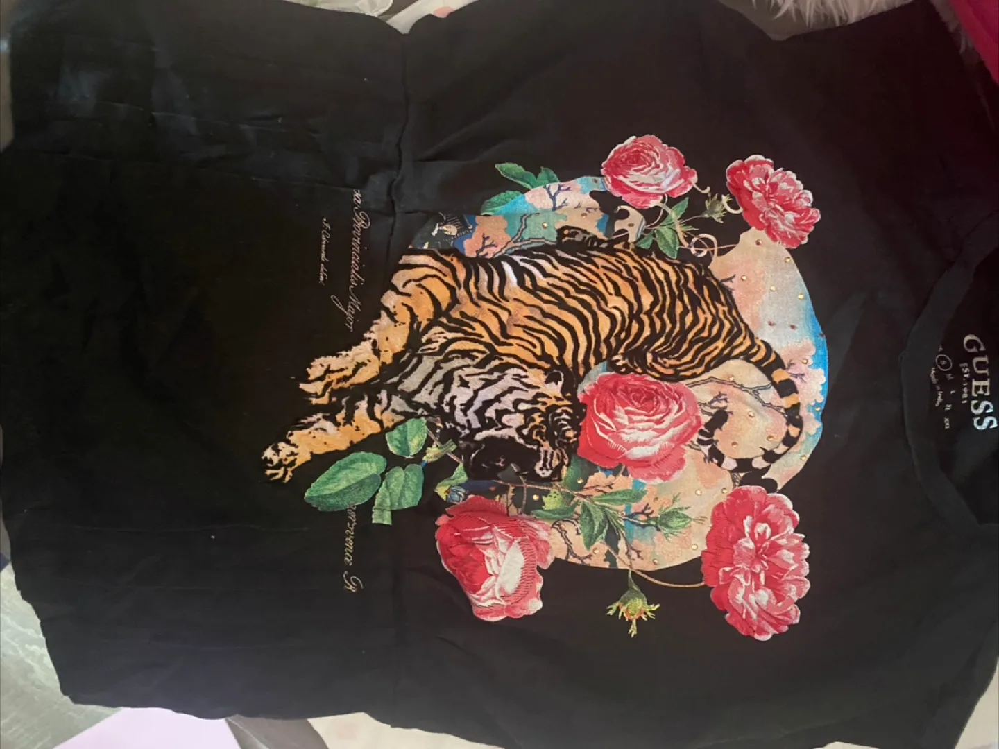 Guess Black Tiger Floral T-Shirt Size XS thumbnail