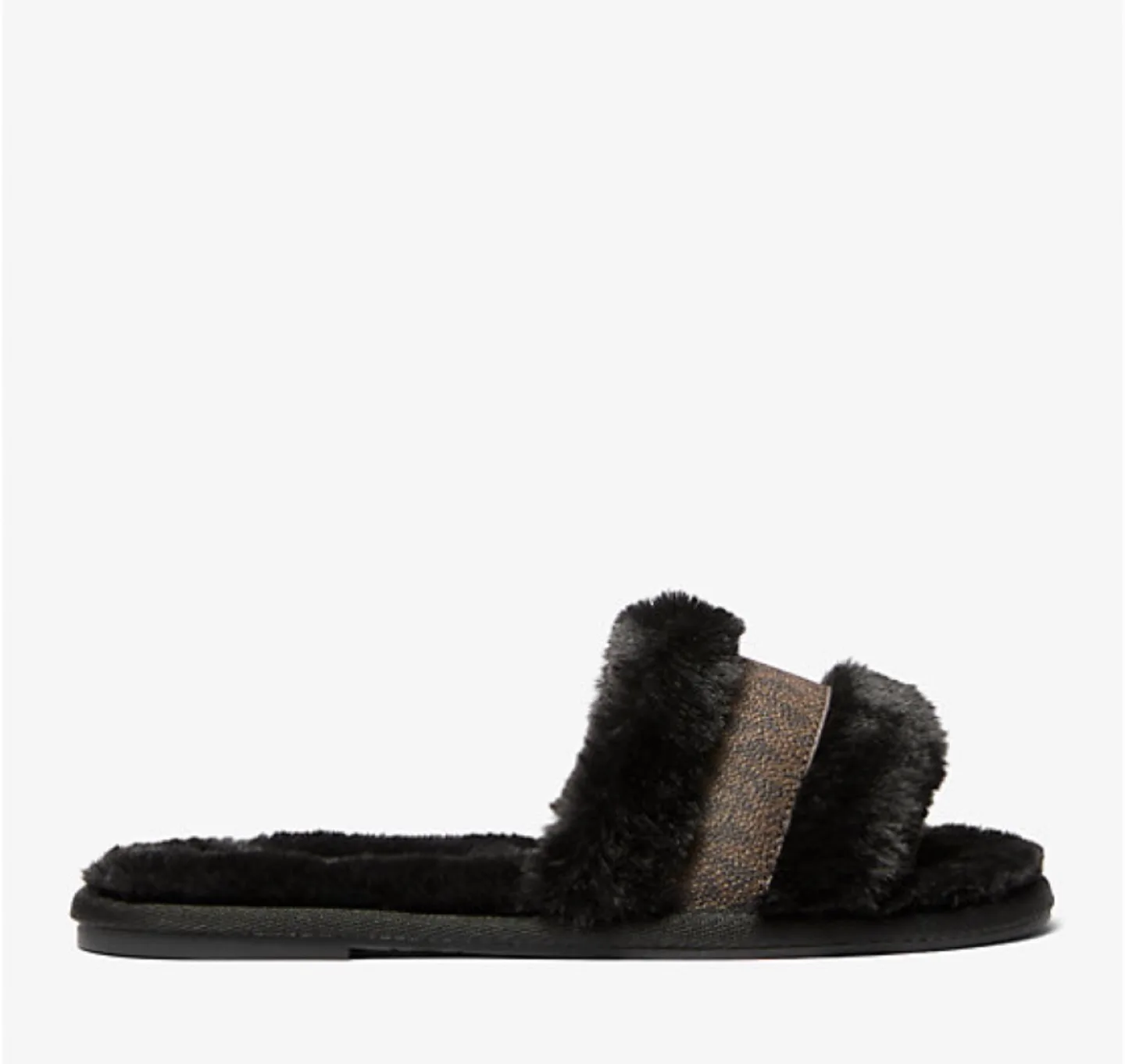 New MK  Alexis Faux Fur and Metallic Logo Slide Sandal image indicator(2)