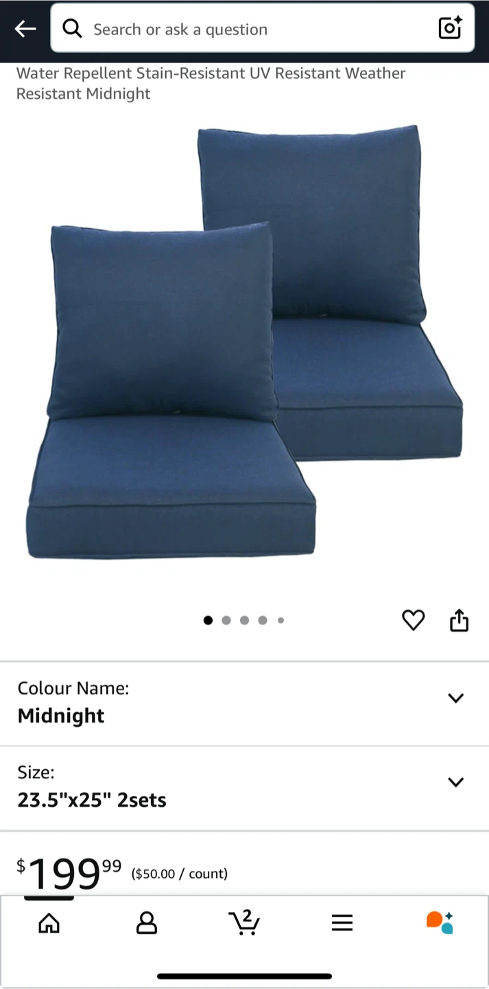 23.5x25” Outdoor/Indoor Deep Seat Patio Cushions Set of 2 - NEW