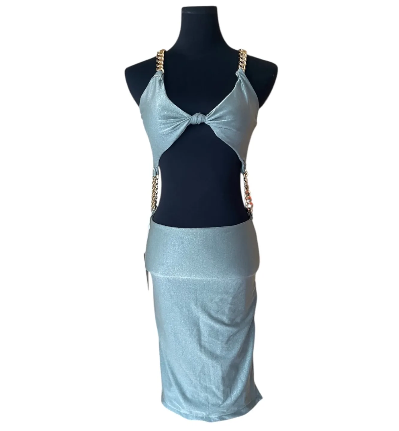 NWT Velvet Silk Blue Gold Chain Cut Out Mini Dress thumbnail