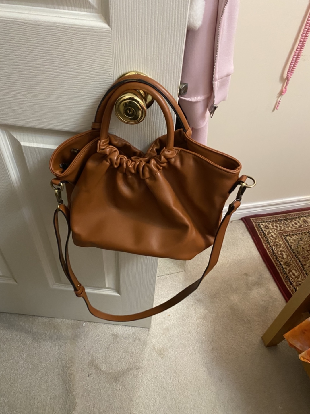 Brown Faux Leather Ruched Handbag