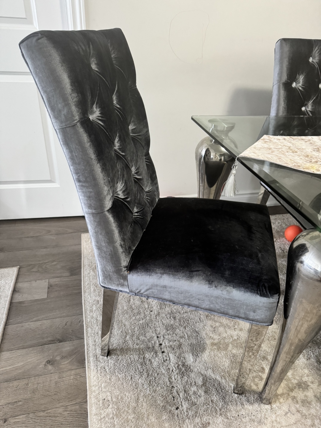 Tufted Velvet Dining Chair, Silver Legs and dining table