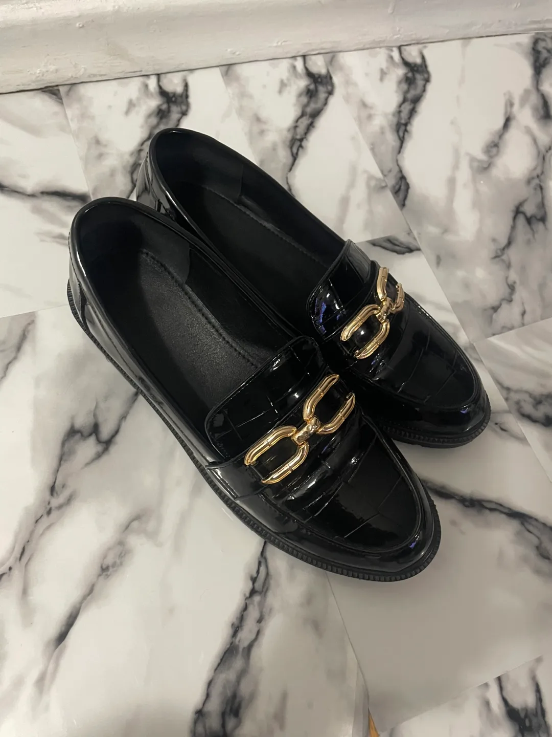 Black Patent Leather Loafers with Gold Chain thumbnail