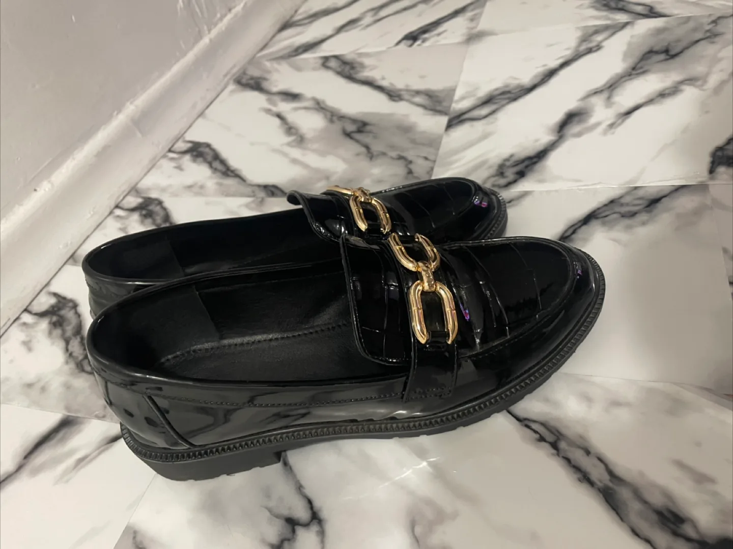 Black Patent Leather Loafers with Gold Chain image indicator(2)