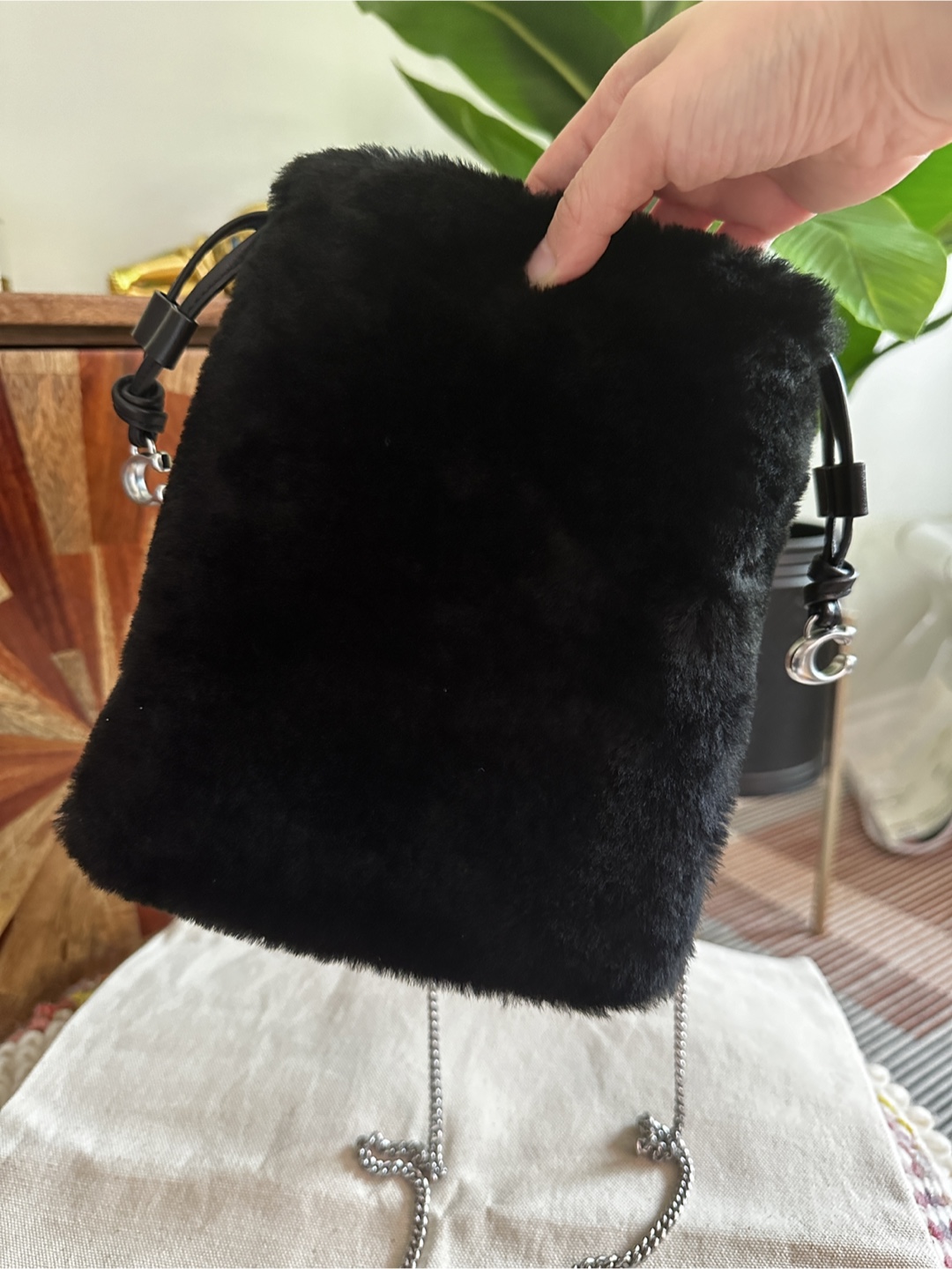 Coach Shearling Drawstring Pouch Silver Chain - photo 4