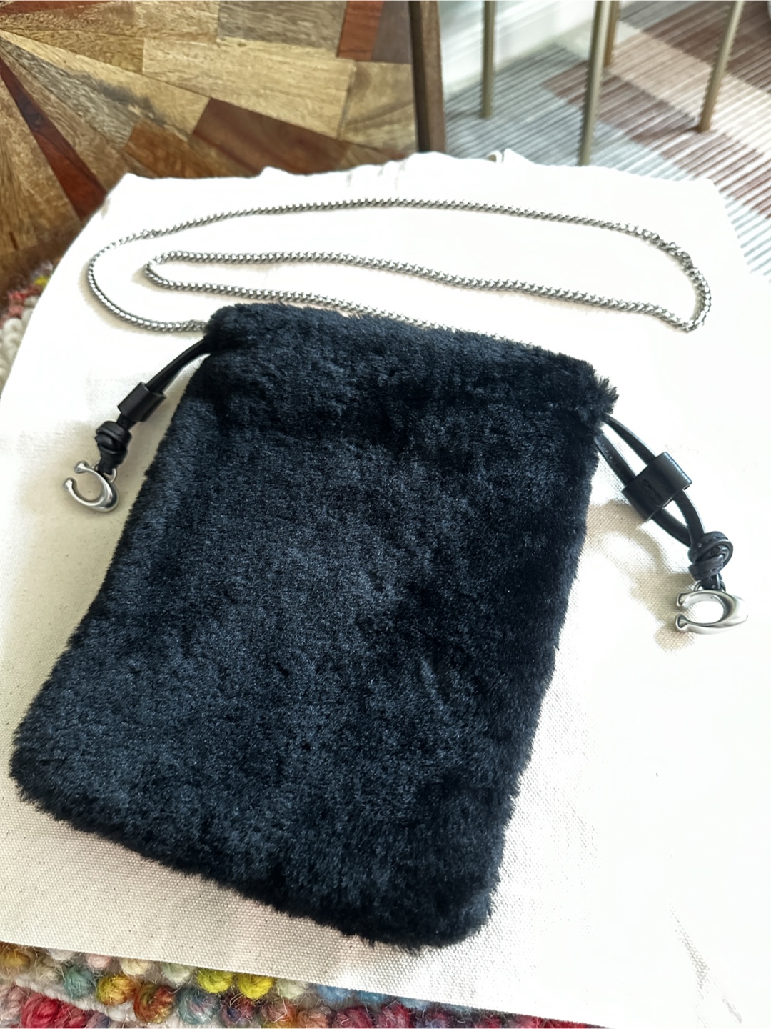 Coach Shearling Drawstring Pouch Silver Chain