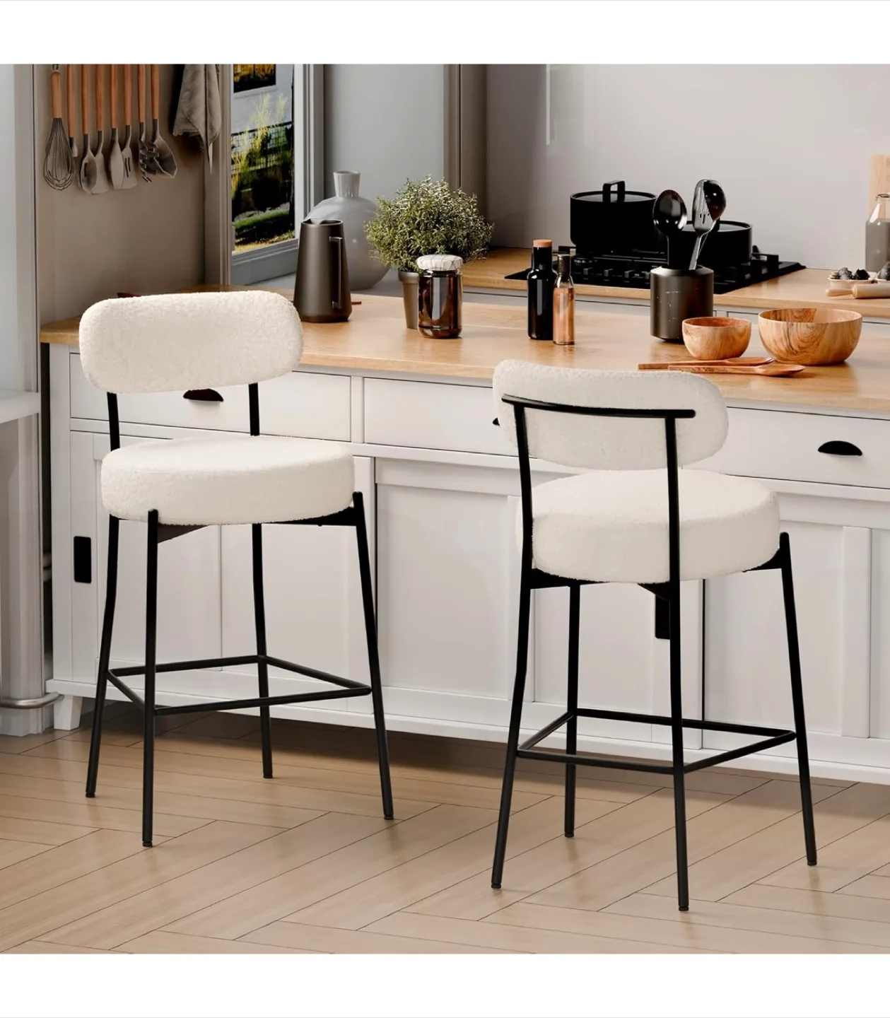 Boucle Fabric Bar Stools - Set of 2