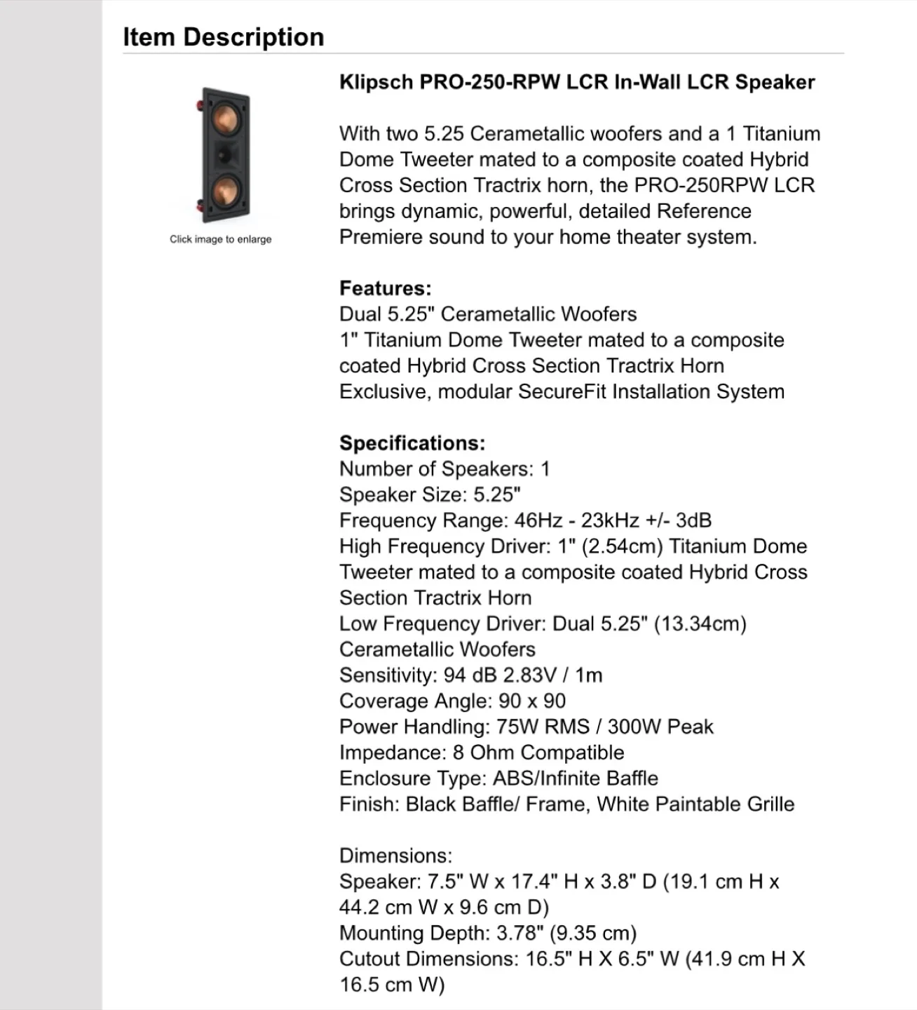 NEW! Klipsch PRO 250-RPW LCR In-Wall LCR Speaker - MSRP $735 image indicator(7)