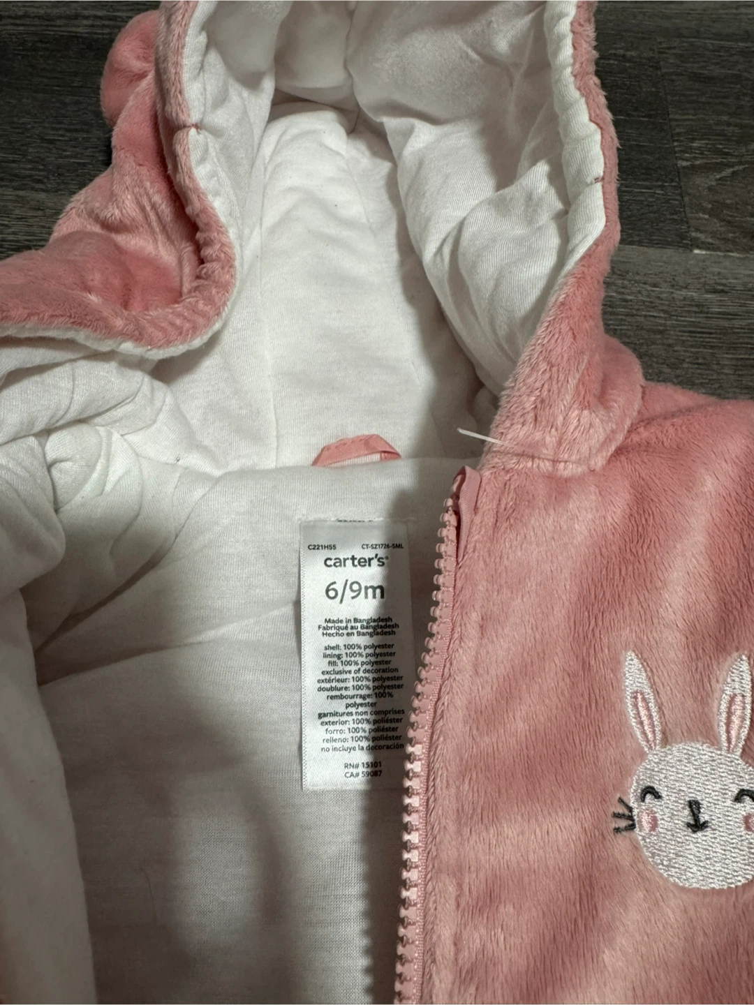 Carter's Pink Bunny Snowsuit 6/9m