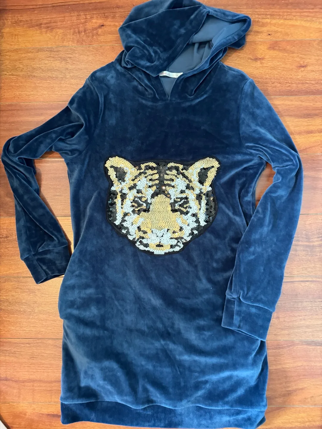 Blue Velvet Hoodie Dress with Tiger Sequin thumbnail