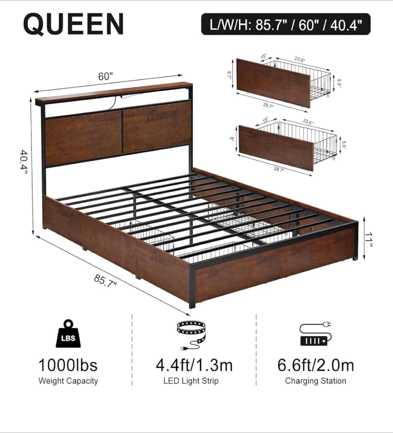 Queen Size Bed Frame with LED & Storage image indicator(2)
