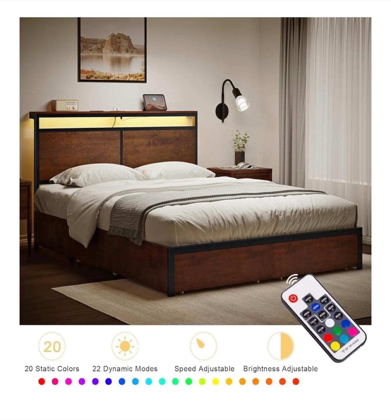 Queen Size Bed Frame with LED & Storage