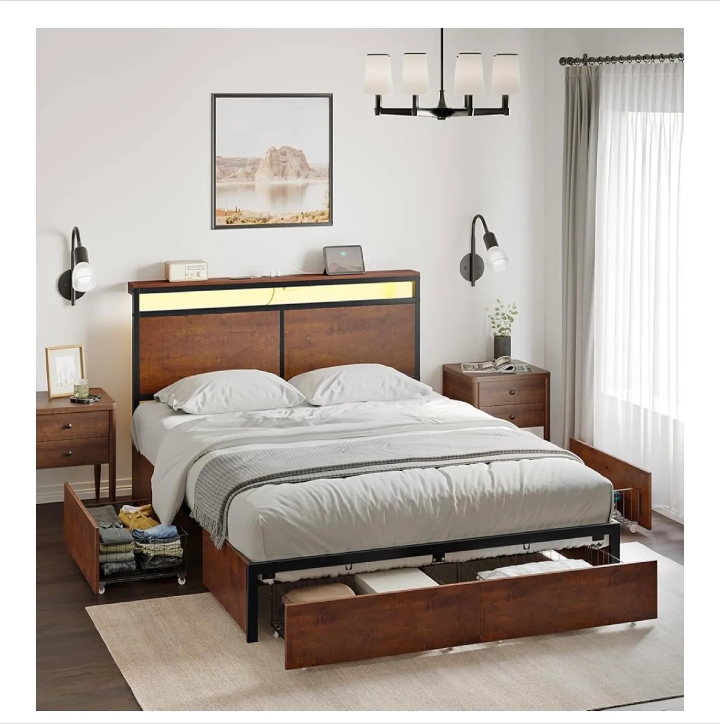 Queen Size Bed Frame with LED & Storage image indicator(4)