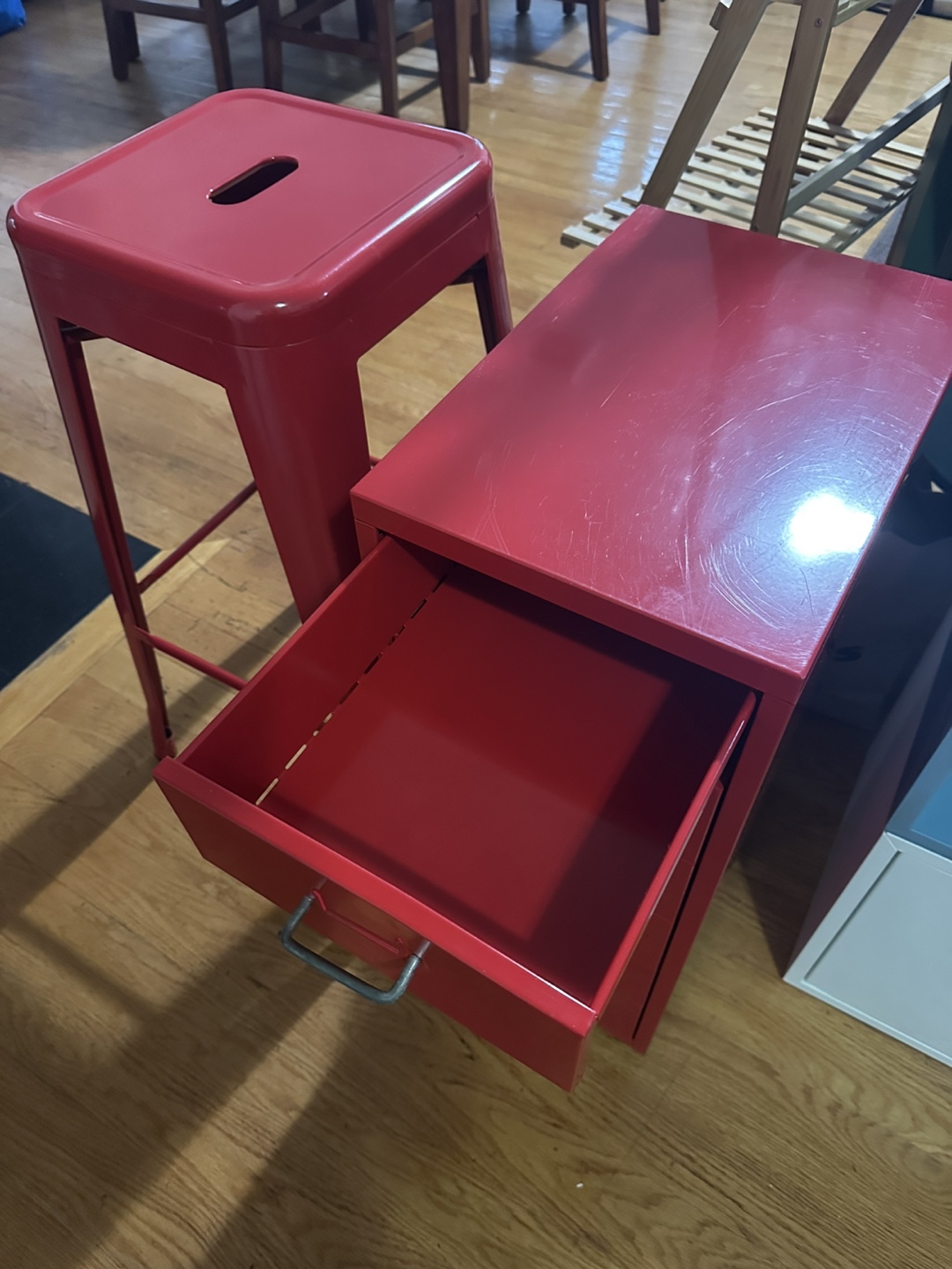 Ikea Red Metal Drawer Unit with casters & Stool