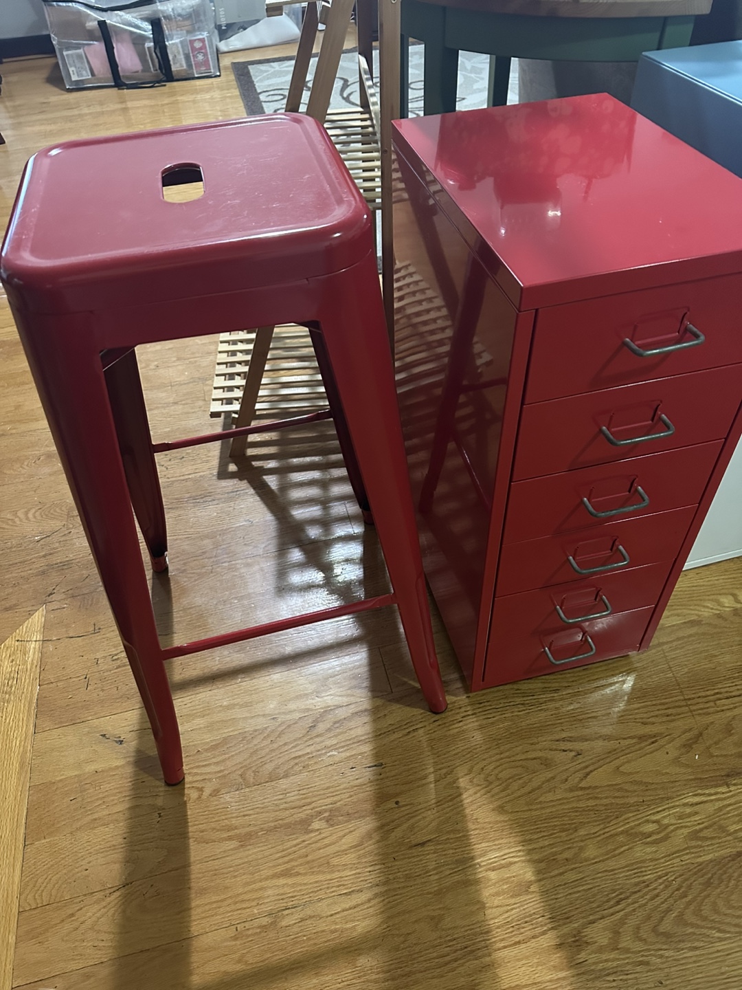 Ikea Red Metal Drawer Unit with casters & Stool - photo 2