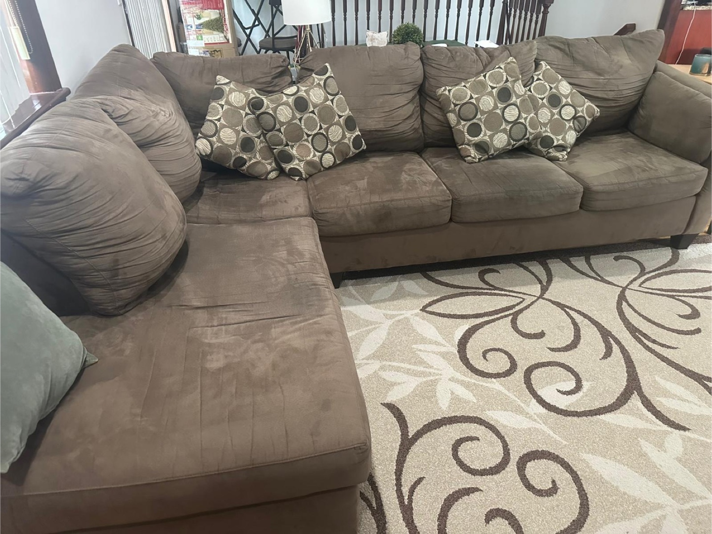 Brown sofa with chaise + Area Rug