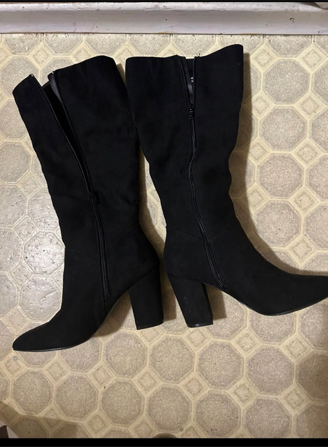 New Black sweed Knee High Heeled Boots thumbnail