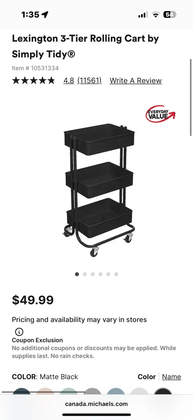 Simply Tidy Lexington 3-Tier Rolling Cart - Matte Black thumbnail