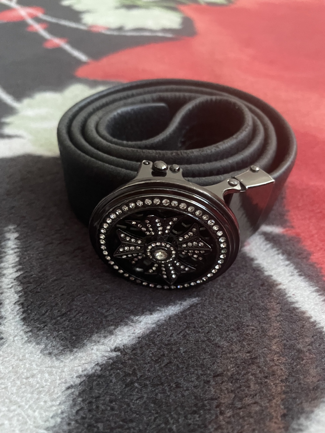 Black Leather Belt with Decorative Buckle