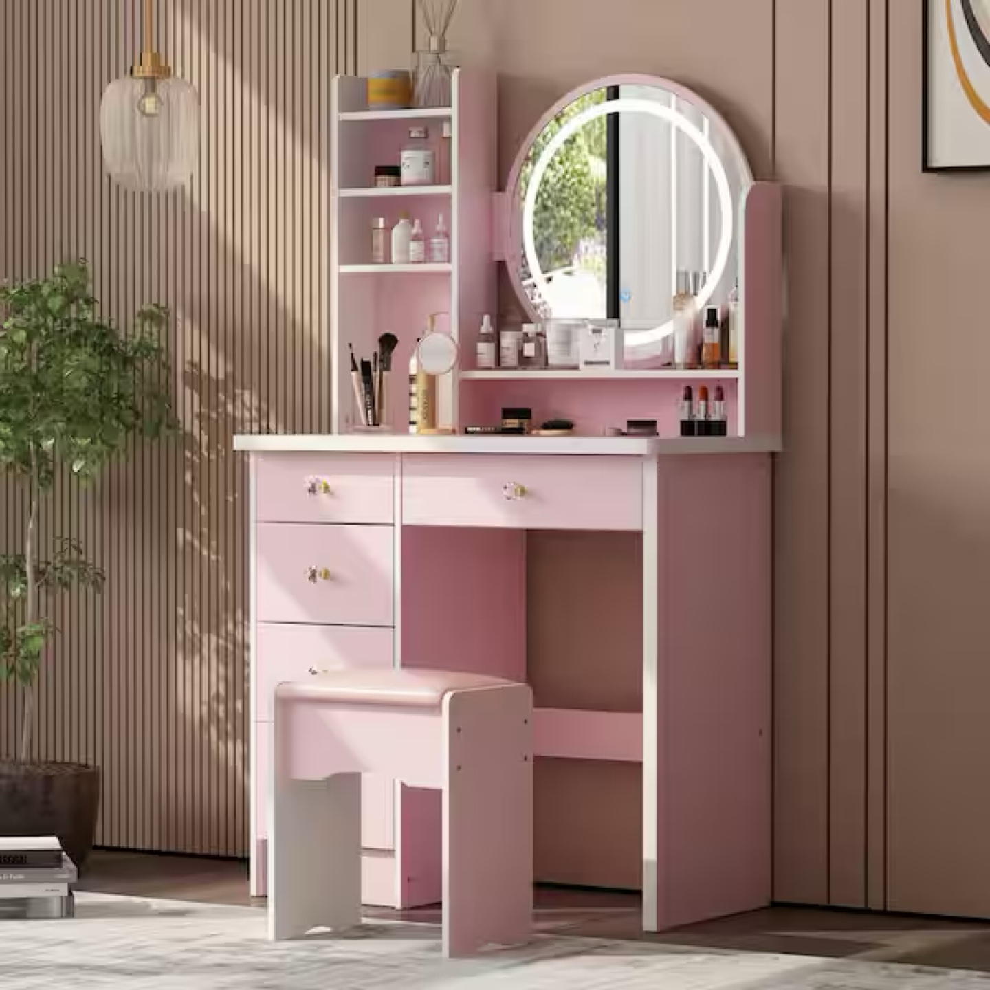 Pink Vanity Table with Lighted Mirror & Stool
