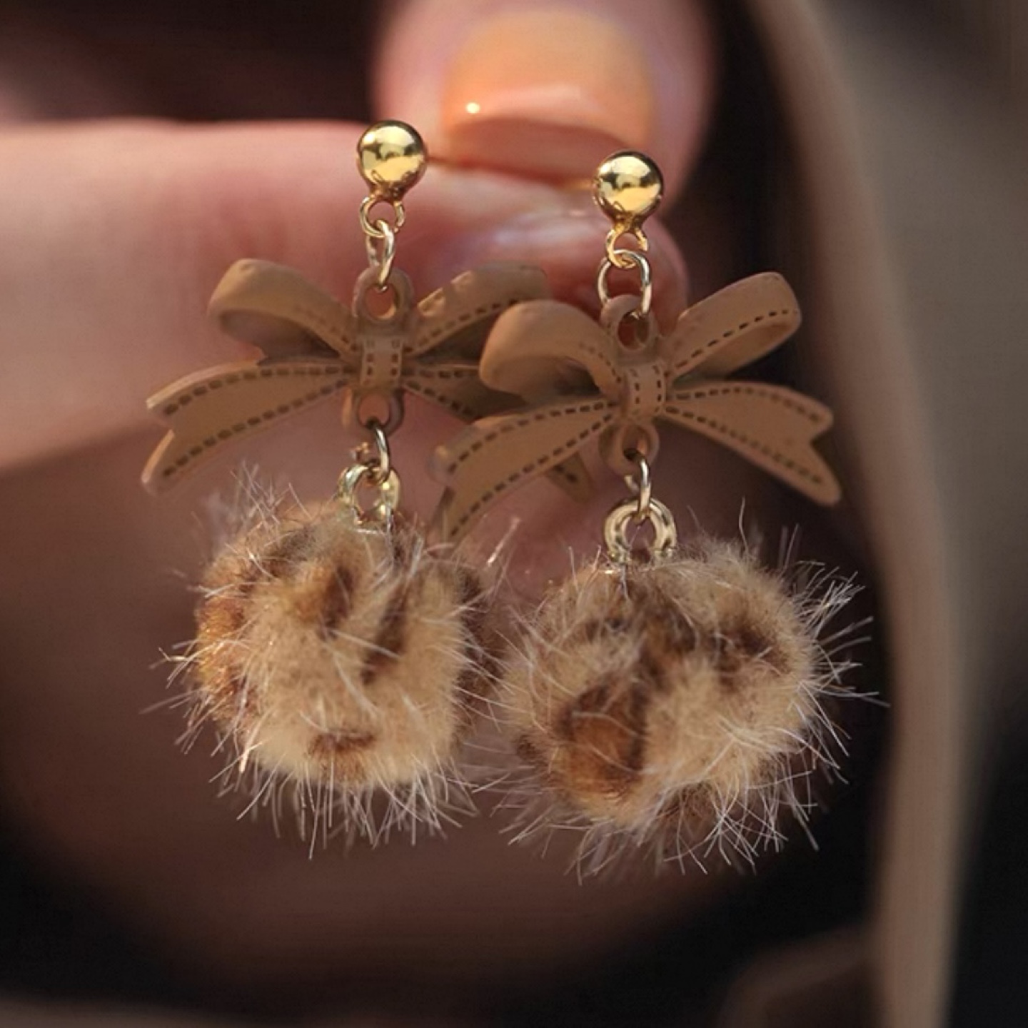 Brown Ribbon Leopard Print Pom Pom Clip Earrings - photo 3