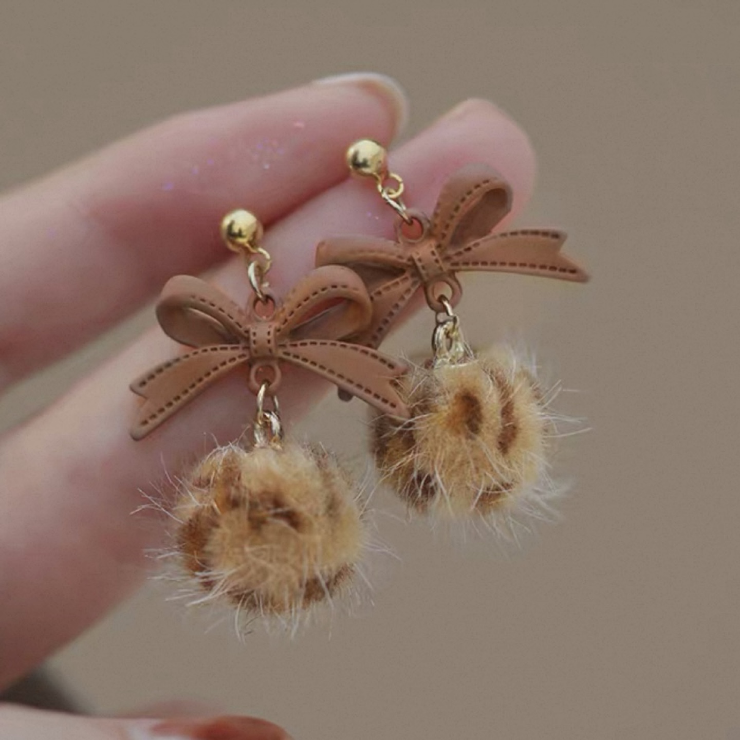 Brown Ribbon Leopard Print Pom Pom Clip Earrings - photo 2