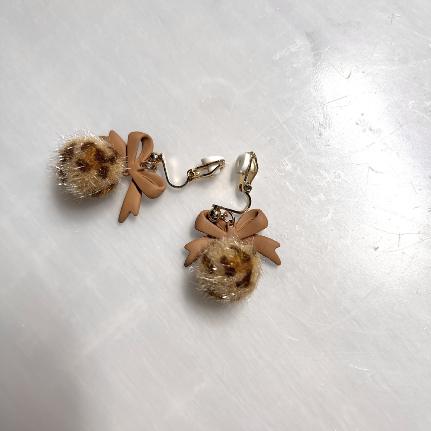 Brown Ribbon Leopard Print Pom Pom Clip Earrings - photo 5