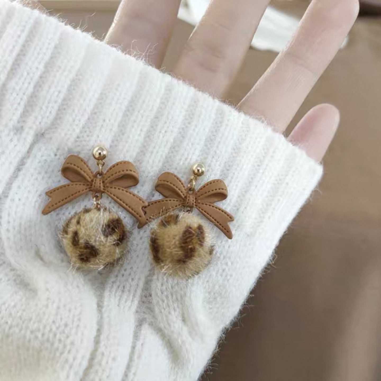 Brown Ribbon Leopard Print Pom Pom Clip Earrings