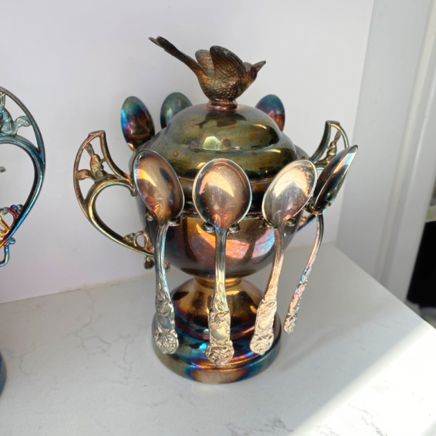 Vintage Silver Plated Sugar Bowl & Spoon Holder Set - photo 3