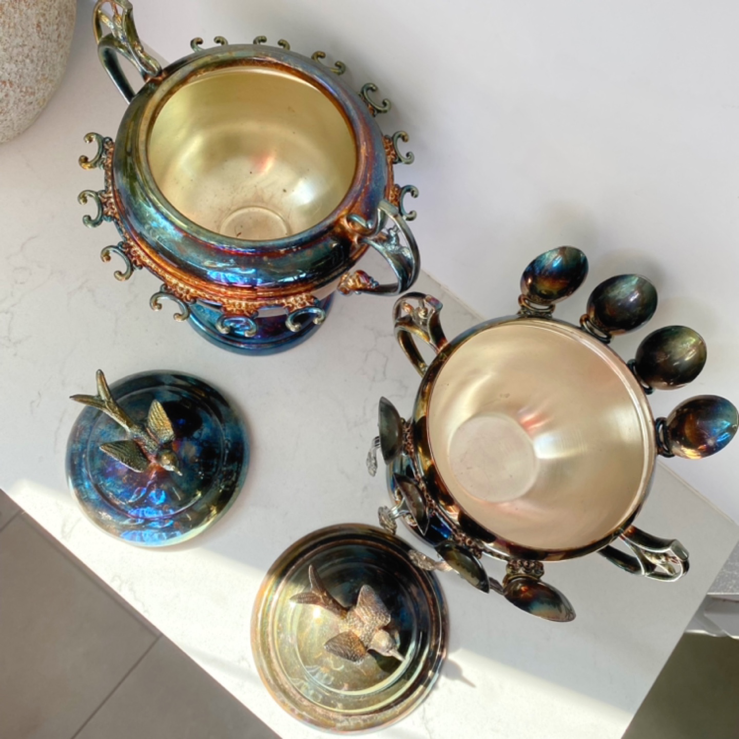 Vintage Silver Plated Sugar Bowl & Spoon Holder Set - photo 5