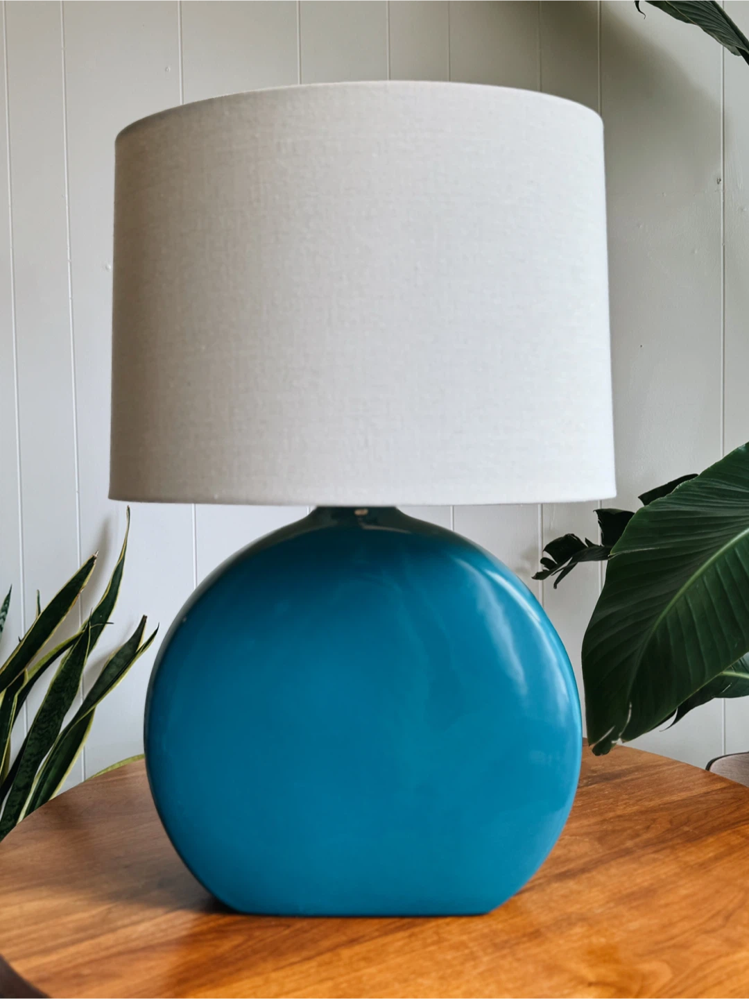 Blue Ceramic Table Lamp with White Shade Pair
