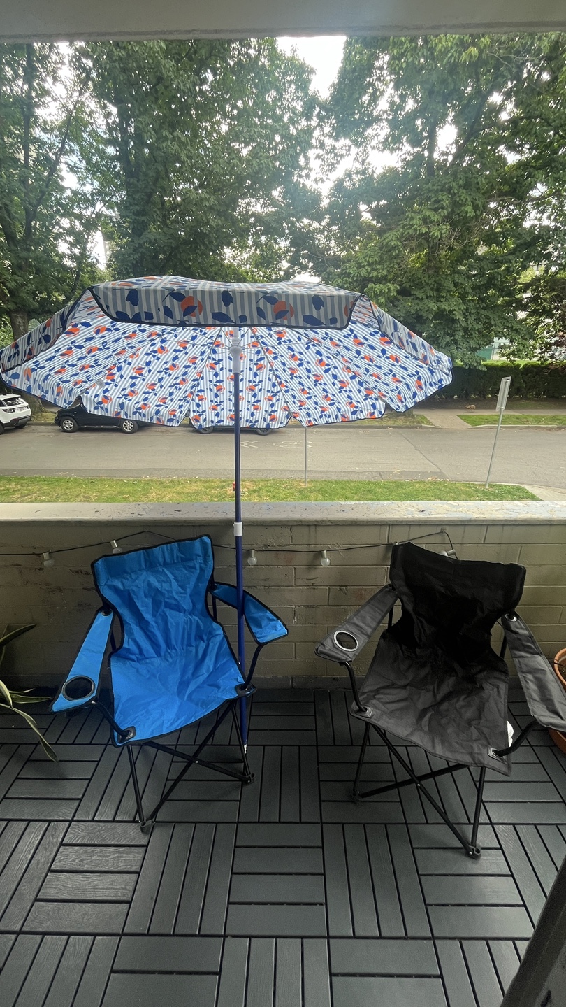 Indigo Outdoor Umbrella and Walmart Folding Camping Chairs